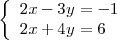 
\left\{
\begin{array}{l}
</p>
<pre> 2x - 3y = -1
 \\
 2x + 4y = 6
</pre>
<p>\end{array}
\right.
